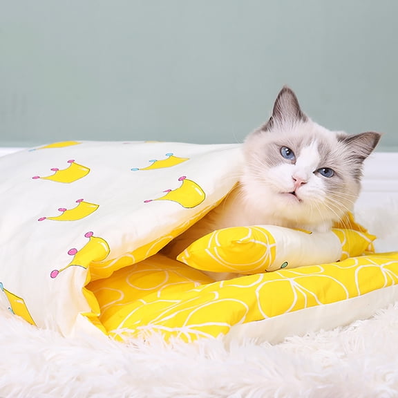 Slhenay Cat Sleeping Bag, Soft Bed Cave Nest Pet Cuddle Zone Covered Hide Hood Burrowing Cozy Soft Durable Washable with Non-Slip Bottom for Indoor Puppy and Kitten, Yellow