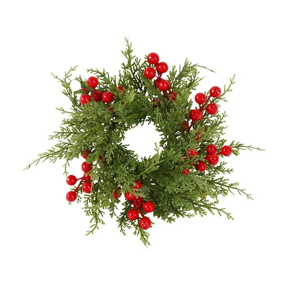Slhenay Christmas Candle Rings Mini Wreath Pine Garland Artificial Eucalyptus and Snowy Cedar Candle Holder with Red Berries for Home Table Centerpiece (D)