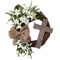 Slhenay Easter Wreath Cross Door Sign Easter Door Sign Easter Wooden Wreath Hanging Sign Christian Floral Easter Decor Jesus Wreath Door Hanger for Front Door Wall Decor