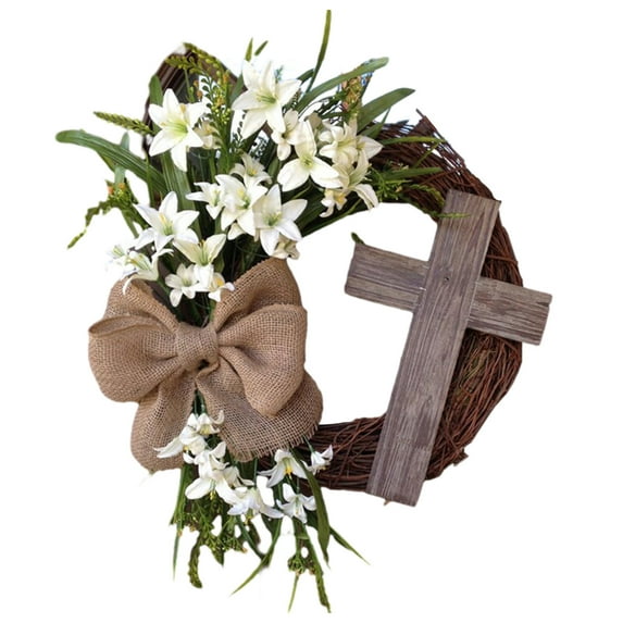 Slhenay Easter Wreath Cross Door Sign Easter Door Sign Easter Wooden Wreath Hanging Sign Christian Floral Easter Decor Jesus Wreath Door Hanger for Front Door Wall Decor