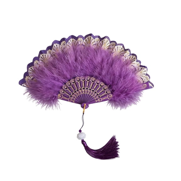 Slhenay Elegant Colorful Embroidered Flower Peacock Pattern Sequin Fabric Folding Handheld Hand Fan Hand-Crafted Purple