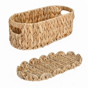 Slhenay Handwoven Scalloped Countertop Storage Basket, Toilet Tank Basket for Bathroom, Scalloped Edge Wicker Rectangle 3*13*5In