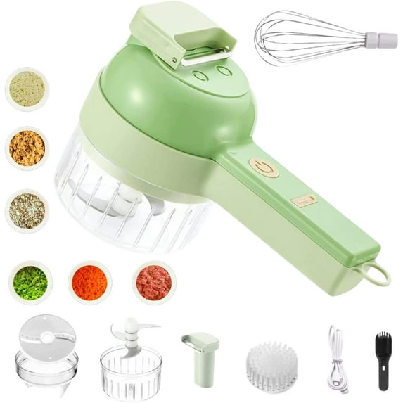 Slice Ease Electric Chopper, 5 in 1 Multi-Functional Portable Electric Vegetable Cutter Set, Wireless Grinder, for Home Kitchen Garlic, Peppers, Onions, Meat (Green + Egg Beater, Upgraded 1200mAh)