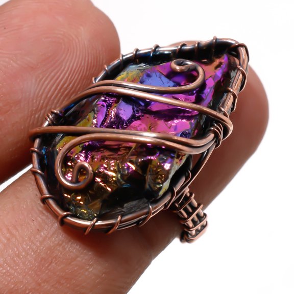 Slice Rough Druzy Gemnstone Ring Handmade Wire Wrap Copper Jewelry 6.25" CR 301