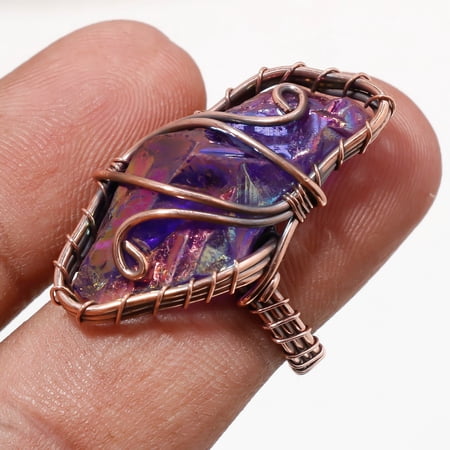 Slice Rough Druzy Gemnstone Ring Handmade Wire Wrap Copper Jewelry 7.25" CR 363