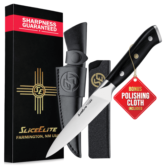 Slice Series 5.5 - Inch Utility Knife High Carbon German Steel Multipurpose Blade with Ergonomic Pakkawood Handle and Durable Polymer Sheath (Utility Knife with Leather Sheath)