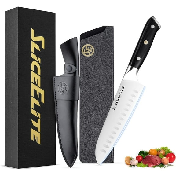 Slice Series 7-Inch Santoku Knife High Carbon German Steel Blade with Ergonomic Pakkawood Handle (Santoku Knife) (Santoku Knife with Leather Sheath)