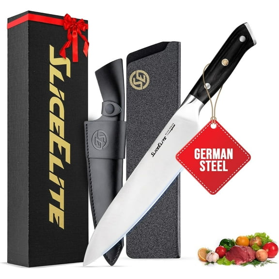 Slice Series 8-Inch Chef Knife High Carbon German Steel Blade with Ergonomic Pakkawood Handle, Available with Durable Polymer or Premium Leather Sheath Options (Chef Knife with Leather Sheath)