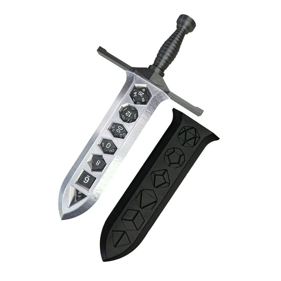 Slice and Dice Dice Sword Holder with 7 Polyhedral Role Playing Dice | DND RPG D&D Dungeons and Dragons, Black Embossed