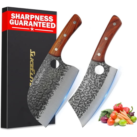 SliceElite 2PCS Hand-Forged Chef Knife Set | Serbian & Cleaver Knives for Meat & Veg Cutting | Professional Kitchen Knife with Gift Box for BBQ Cooking