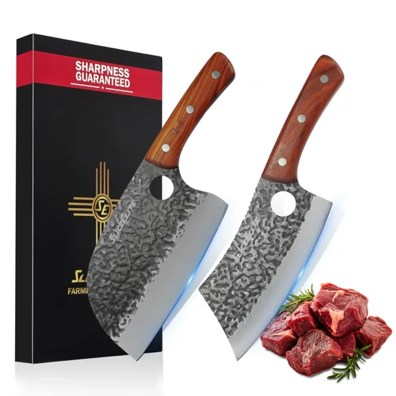 SliceElite 2PCS Hand-Forged Chef Knife Set | Viking & Serbian Knives for Meat Cutting | Professional Kitchen Tools with Gift Box for BBQ Cooking