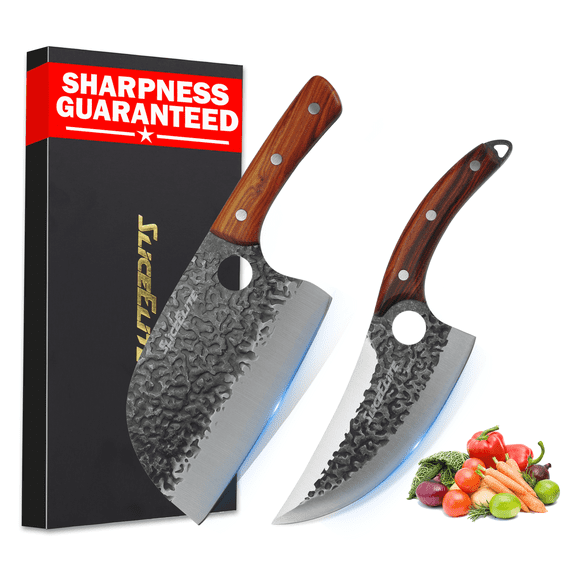 SliceElite 2PCS Hand-Forged Chef Knife Set | Viking & Serbian Knives for Meat Cutting | Professional Kitchen Tools with Gift Box for BBQ Cooking
