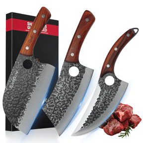 SliceElite 3PCS Hand-Forged Butcher Knife Set – Cleaver, Viking, Boning Knives for Meat Cutting – Chef BBQ Gift with Box for Men