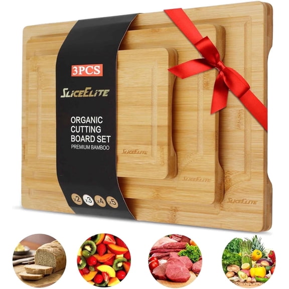 SliceElite 3pc Bamboo Cutting Board Set: Eco-friendly, durable chopping boards with handles & juice grooves. Ideal for all kitchen tasks (Large, Medium, Small), Natural