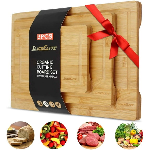 SliceElite 3pc Bamboo Cutting Board Set: Eco-friendly, durable chopping boards with handles & juice grooves. Ideal for all kitchen tasks (Large, Medium, Small), Natural