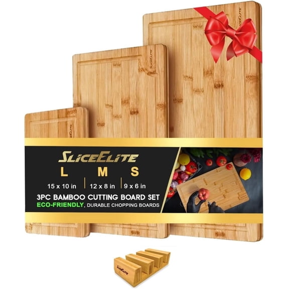 SliceElite 3pc Bamboo Cutting Board Set with Silicone Feet and Holding Rack Eco-friendly, durable chopping boards with handles & juice grooves. Ideal for all kitchen tasks