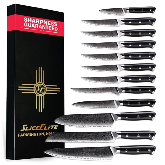 SliceElite Elite Series 12 Piece Damascus Kitchen Set VG10 Core Chef Santoku Bread Utility Paring Fillet Steak Blades G10 Handle Cooking Cutlery Gift Box with Guards Professional Sharp Culinary Knive