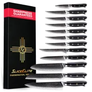 SliceElite Elite Series 12 Piece Damascus Kitchen Set VG10 Core Chef Santoku Bread Utility Paring Fillet Steak Blades G10 Handle Cooking Cutlery Gift Box with Guards Professional Sharp Culinary Knive