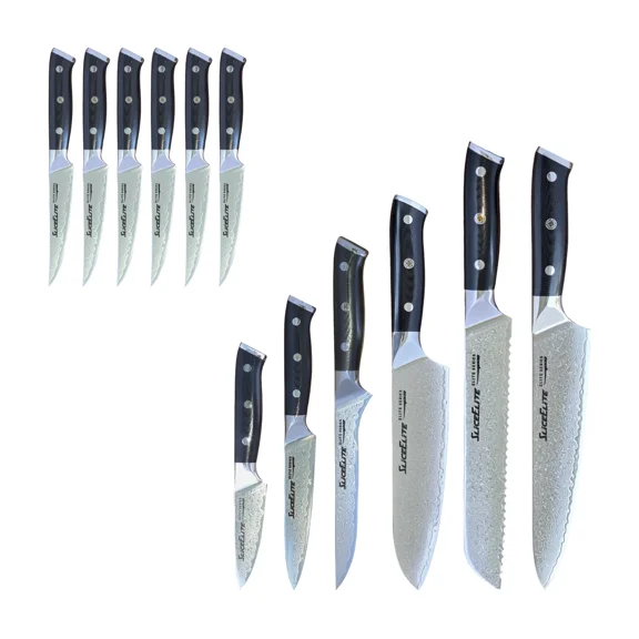 SliceElite Elite Series 12-Piece Damascus Knife Set  VG10 Steel Blades with Forged Carbon Fiber Handles Infused with Gold Leaf, Magnetic Clasp Gift Box