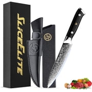 SliceElite Elite Series 5-Inch Damascus Utility Knife   VG10 Steel Blade with G10 Handle, Dual Sheaths, and Polishing Cloth