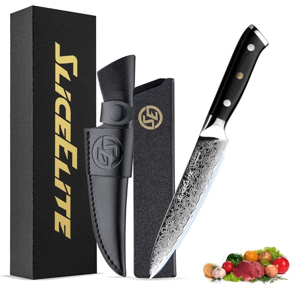 SliceElite Elite Series 5-Inch Damascus Utility Knife VG10 Steel Blade with G10 Handle, Dual Sheaths, and Polishing Cloth
