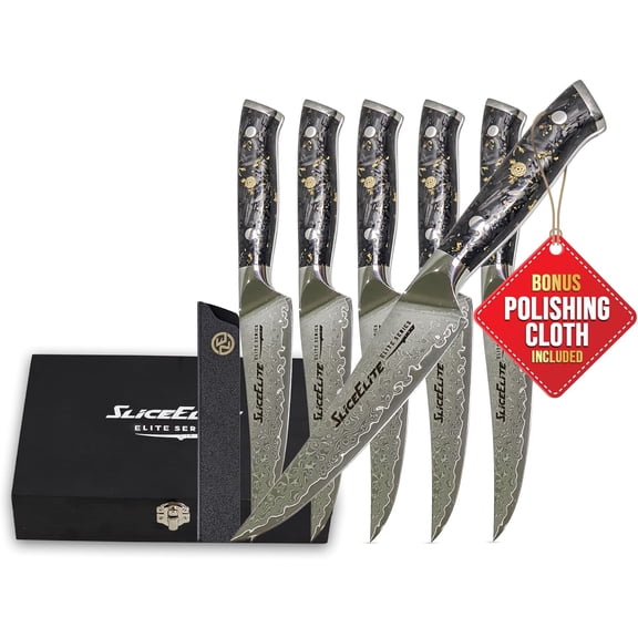 SliceElite Elite Series 6-Piece Damascus Steak Knife Set  VG10 Steel 5-Inch Blades with Forged Carbon Fiber Handles, Durable Polymer Sheaths, and Wooden Gift Box