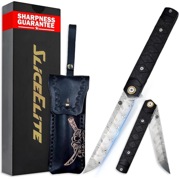 SliceElite Elite Series 7-Inch Damascus Bone Cutting Knife – VG10 Steel Blade with Forged Carbon Fiber Handle Infused with Gold Leaf, Sheaths Option (Bone Cutting Knife with Leather Sheath)