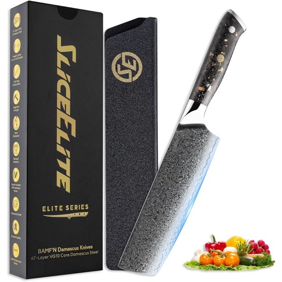 SliceElite Elite Series Nakiri Knife 7 Inch Damascus Steel VG10 Core Forged Carbon Fiber Handle Sharp Blade Polymer Sheath Vegetable Knife