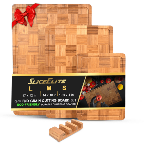 SliceElite Extra Large Bamboo Cutting Board Set 3 Piece End Grain Wood Chopping Boards with Holder Non Slip Feet Juice Groove Pre Oiled Finish XL Butcher Block Cutting Boards for Kitchen and Serving