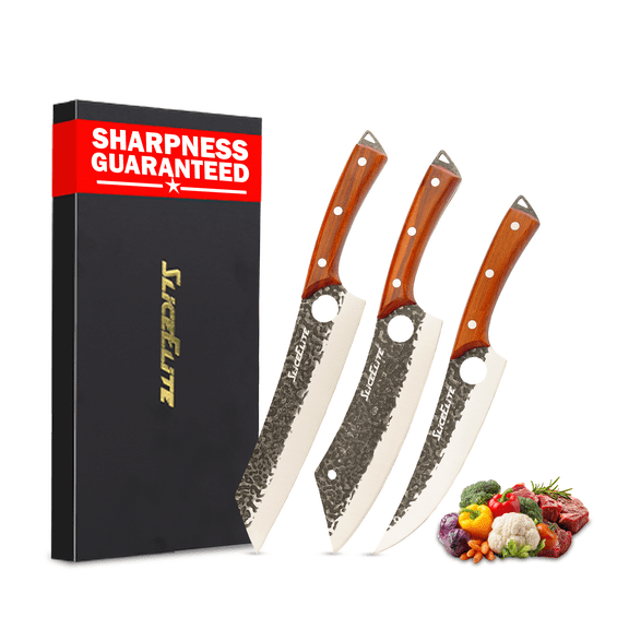 SliceElite Heritage Forge Series 3 Piece Prep Knife Set, Boning Knife, Scimitar Knife & Kiritsuke Knife, Hammered Pattern Forged Steel, Full Tang Sandalwood Hardwood Handles, BBQ Meat Carving Slicing