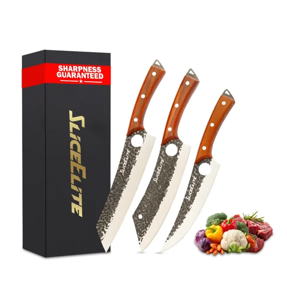 SliceElite Heritage Forge 3 Piece Knife Set Meat Prep Set Boning Knife Scimitar Kiritsuke Forged Steel Kitchen Knives for Cutting Slicing Trimming Full Tang Wood Handle