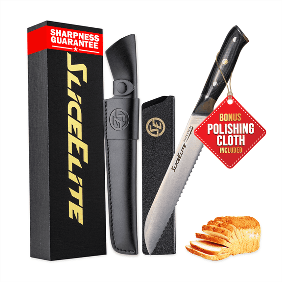 SliceElite Slice Series 8 Inch Bread Knife High Carbon German Steel Pakkawood Handle Serrated Edge Kitchen Bread Cutter Sourdough Slicer Cake Cutting Fruit Vegetable Tool Sandwich Chef Gift Blade