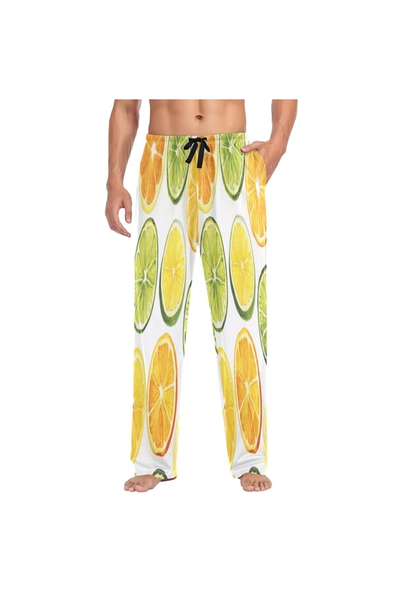 Sliced Citrus Fruits Pattern Mens Cotton Pajama Pants Long Staple Lightweight Sleep Bottoms with Pockets Breathable