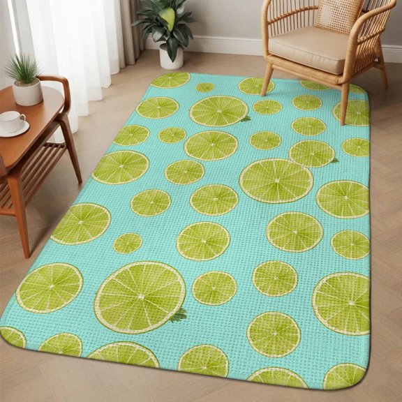 Sliced Lemon Washable Area Rugs for Living Room Bedroom, Large Non Slip Indoor Floor Carpet Absorbent Low Pile Simple Summer Tropical Green Door Mat Rugs for Bathroom Entryway 63"x90.6"