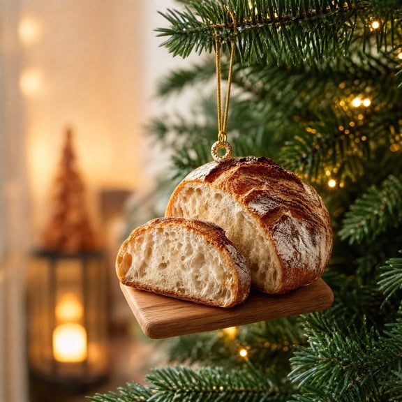 Sliced Sourdough Bread on Wooden Cutting Board, 2D Resin Christmas Tree Hanging Ornament, Bakery Kitchen Theme, Gold Hanging String, 1 Count