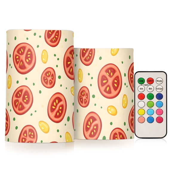 Sliced Tomatoes Pattern Flameless LED Candle Set with Remote, Battery Operated Color Changing Pillar Candles, Set of 2