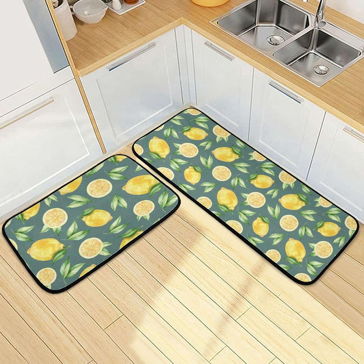 Slices Lemon Fruits Kitchen Mats and Rugs, Summer Leafs Kitchen Floor