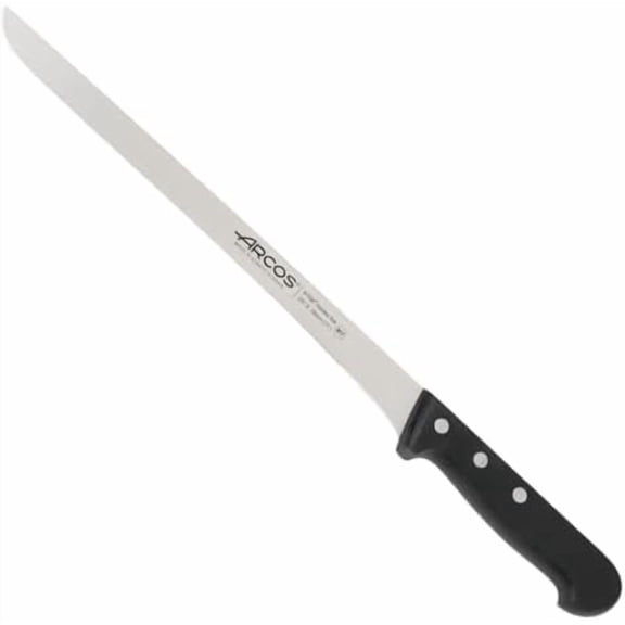 Slicing Knife/Ham Knife 11 Inch Nitrum Stainless Steel and 280 mm blade. Ergonomic Polyoxymethylene POM Handle. Series Universal. Long, sturdy blade and serrated edge. Easily cuts. Color Black