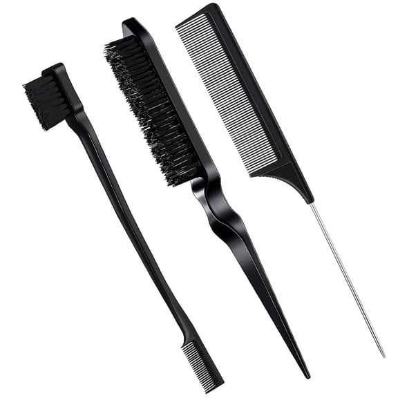 Slick Back Hair Brush Set 3 Pcs Bristle Edge Control Teasing Comb Pin Tail Black