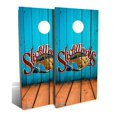 thumbnail image 1 of Slick Woody's Backyard Heritage Logo Angled Wood Cornhole Board Set in Blue, 1 of 2