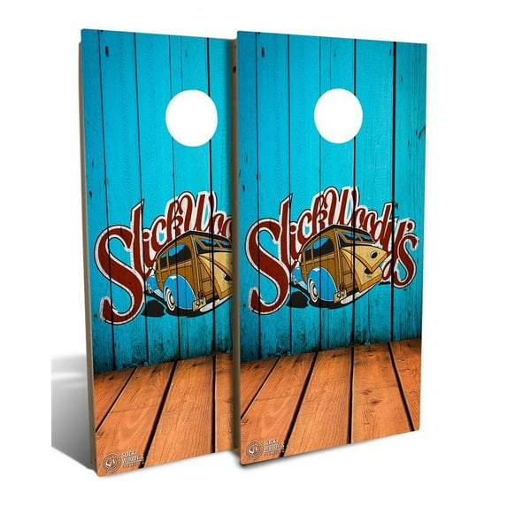 Slick Woody's Backyard Heritage Logo Angled Wood Cornhole Board Set in Blue
