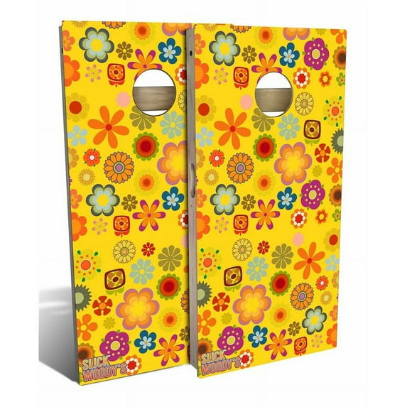 Slick Woody's Regulation 70S Colorful Flowers Cornhole Board Set in Yellow