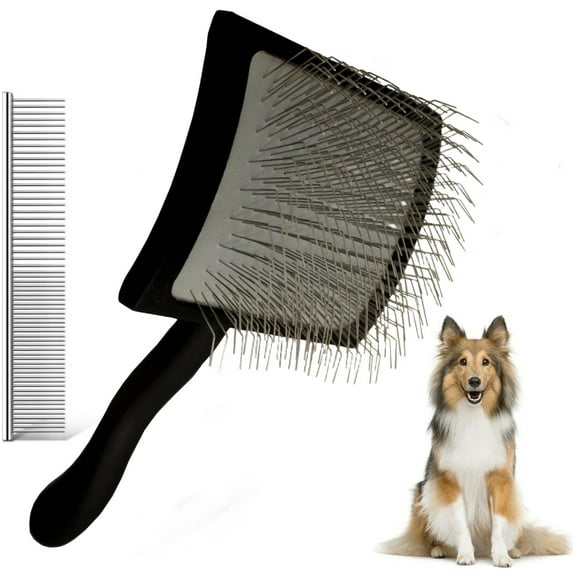 Slicker Brush for Dogs & Pet Comb,Professional Dog Grooming Brush (Goldendoodles,Poodles,Labradoodles) with Extra Long Pins to Effectively Remove Tangles, Knots and Mats, Includes Bonus Pet Comb