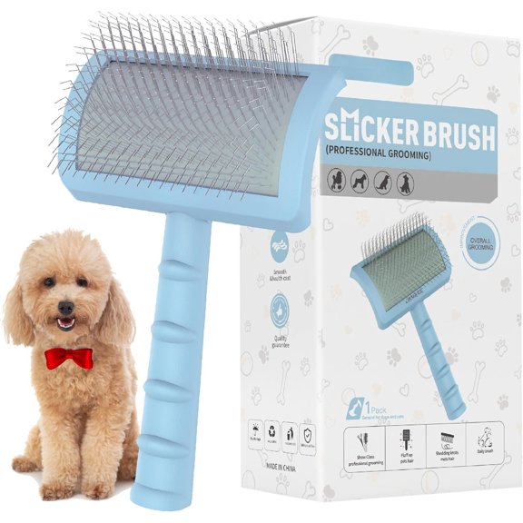 Slicker Brush for Poodles and Goldendoodles - Curved Brush for Thick, Fluffy, Shedding Dogs and Cats - Soft, Gentle Pins for (Blue)