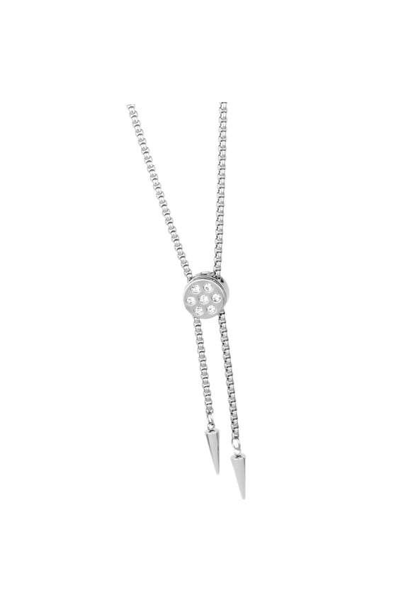 Slidable Block Neck Chain Stainless Steel Unisex Necklace with Round Shape and Rhinestones Bolo Charm Fashion