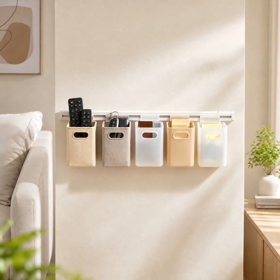 Slidable Wall Storage Organizer, 5 Fabric Baskets on Metal Rail for Entryway Bedroom Bathroom, Space Saving Wall Mount Storage for Keys Remotes, Detachable Storage Bins for Compact Room Organization