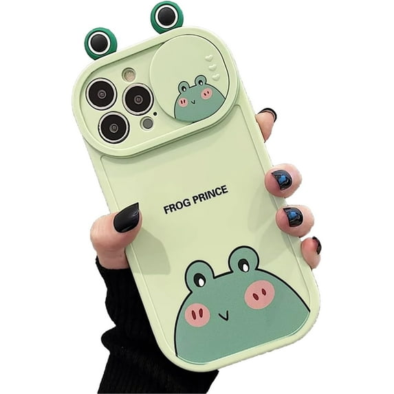 Slide Camera Cover Animal Ears Cat Bear Frog Phone Case Compatible with iPhone Case (Green,iPhone 12)