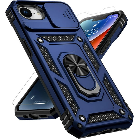 Slide Camera Cover HD Screen Protector [Military Grade 16ft. Drop Tested] Magnetic Ring Holder Kickstand Protective Phone Case for Apple iPhone 16E / SE 2025 / SE4, Navy Blue