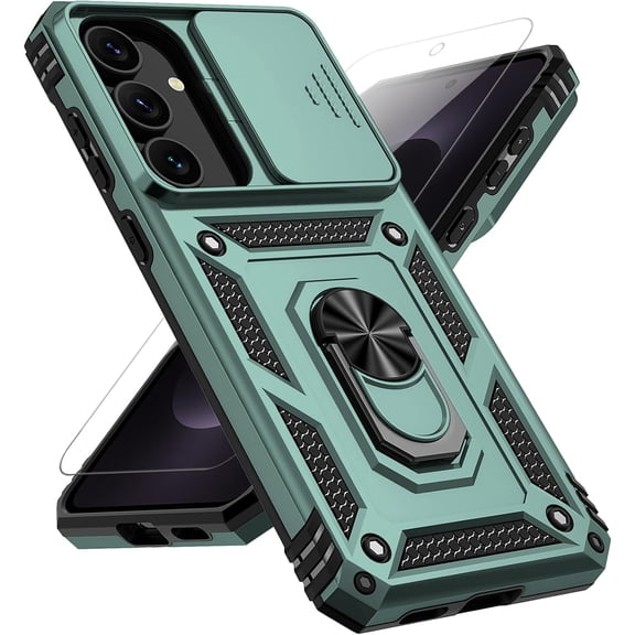 Slide Camera Cover HD Screen Protector [Military Grade 16ft. Drop Tested] Magnetic Ring Holder Kickstand Protective Phone Case for Galaxy S25 FE 2025, Dark Green