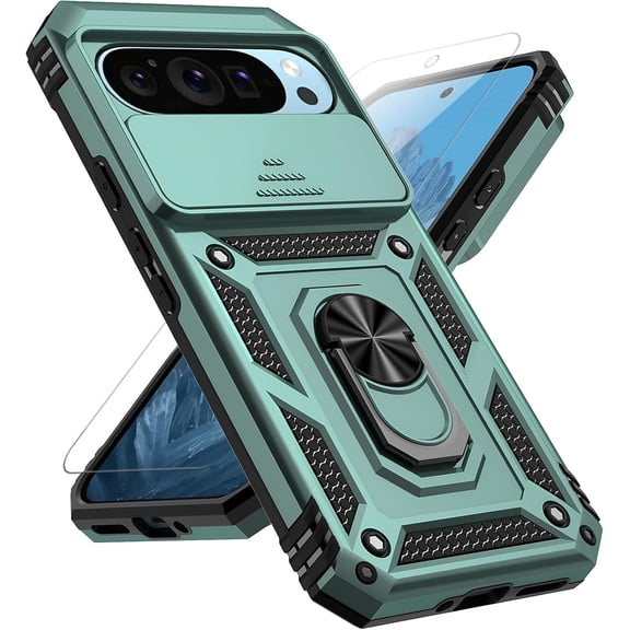 Slide Camera Cover Screen Protector [Military Grade 16ft. Drop Tested] Magnetic Ring Holder Kickstand Protective Phone Case for Google Pixel 10 Pro XL, Dark Green